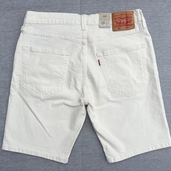 Levis Red Tab 412 Mens Off-White Slim Fit Stretch Hemmed 9" Denim Jean Shorts - Picture 1 of 6